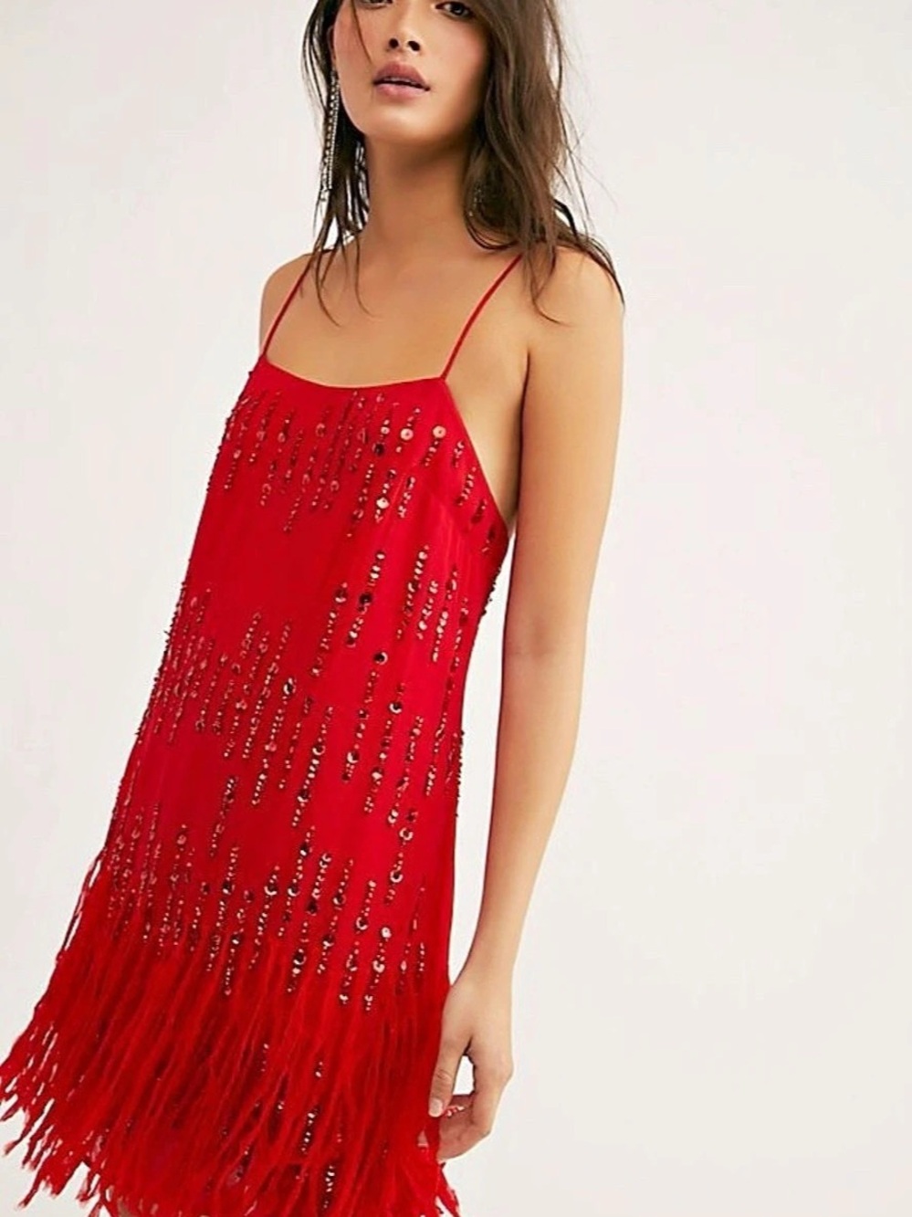 Free People Crystal Clear Fringe Sequin Mini Dress Red